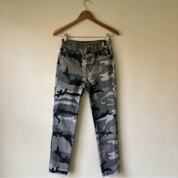 RE/DONE High Rise Ankle Crop Stretch Fray Hem Grey Camo Jeans 25 - Picture 6 of 12